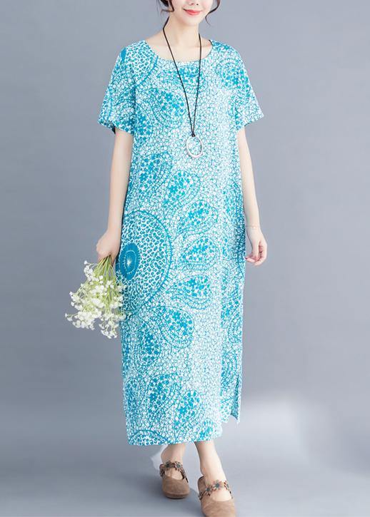 Modern blue print linen Long Shirts Organic Fabrics o neck side open Maxi Summer Dress - SooLinen