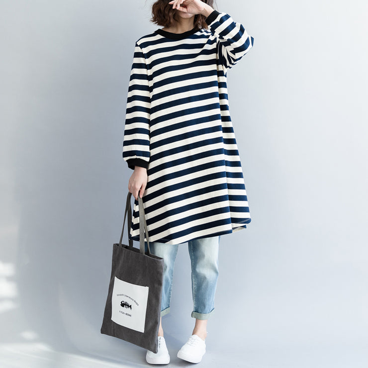 Modern blue white striped Cotton clothes For Women Korea Dresses spring o neck Dresses