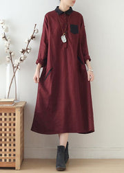 Modern burgundy linen Wardrobes lapel pockets Maxi fall Dresses - SooLinen