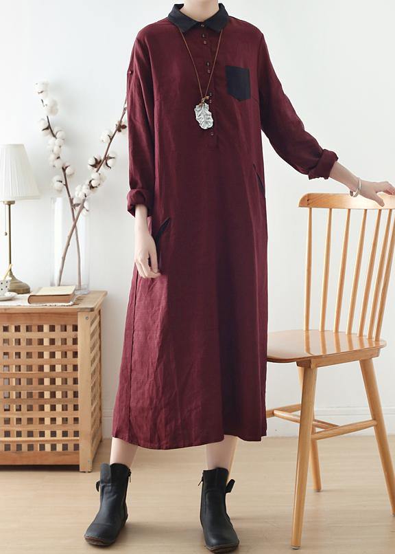 Modern burgundy linen Wardrobes lapel pockets Maxi fall Dresses - SooLinen