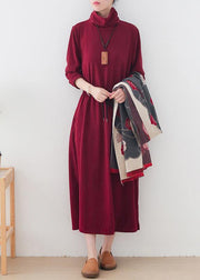 Modern burgundy quilting clothes high neck drawstring robes Dresses - SooLinen