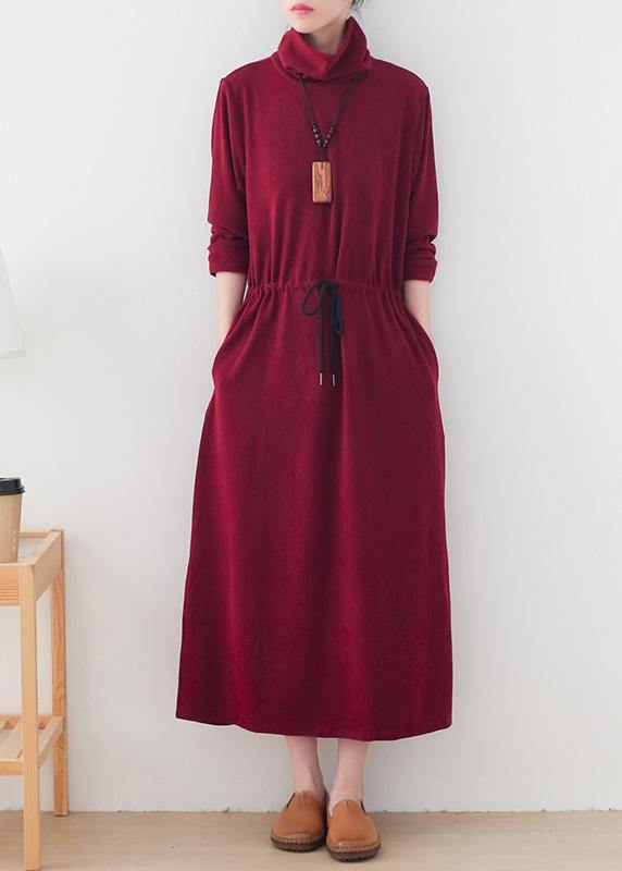 Modern burgundy quilting clothes high neck drawstring robes Dresses - SooLinen