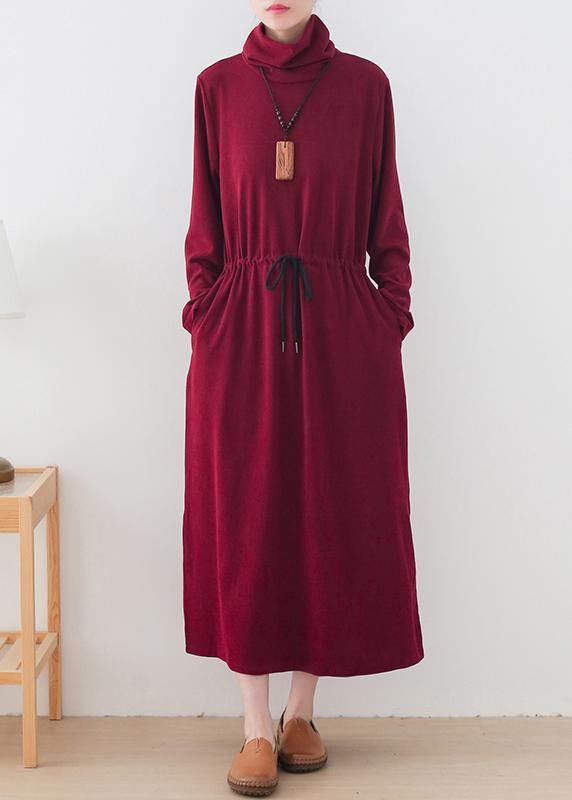 Modern burgundy quilting clothes high neck drawstring robes Dresses - SooLinen