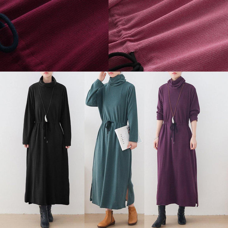 Modern burgundy quilting clothes high neck drawstring robes Dresses - SooLinen