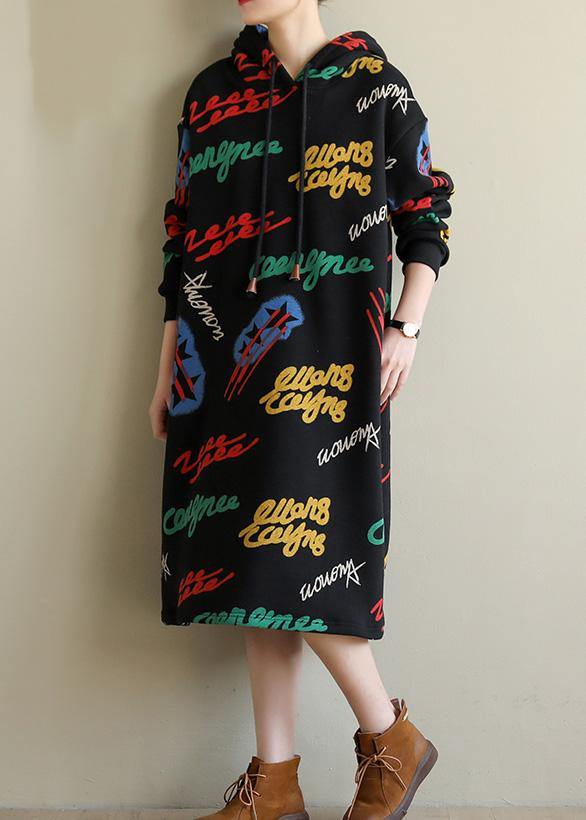 Modern casual cotton hooded Tunics Shirts black print Art Dresses - SooLinen