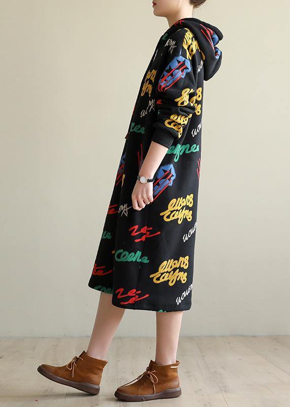 Modern casual cotton hooded Tunics Shirts black print Art Dresses - SooLinen