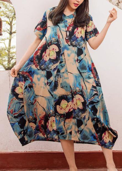 Modern dark blue print v neck asymmetric cotton robes summer Dresses - SooLinen