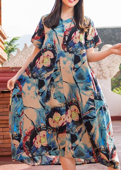 Modern dark blue print v neck asymmetric cotton robes summer Dresses - SooLinen