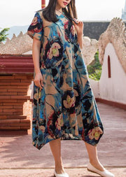 Modern dark blue print v neck asymmetric cotton robes summer Dresses - SooLinen