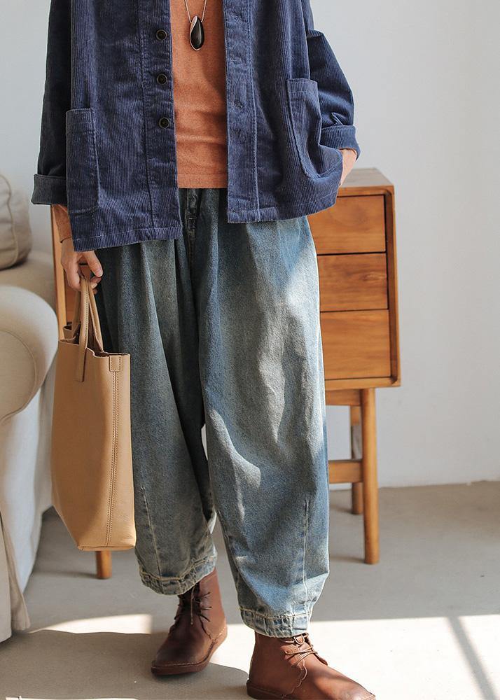 Modern denim blue pants oversize wide leg pants cotton Fabrics casual pants - SooLinen