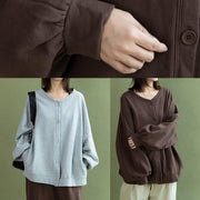 Modern gray cotton linen tops women lantern sleeve Button Down oversized fall shirts - SooLinen