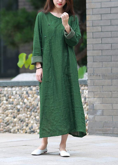 Modern green quilting clothes o neck side open Maxi Dresses - SooLinen