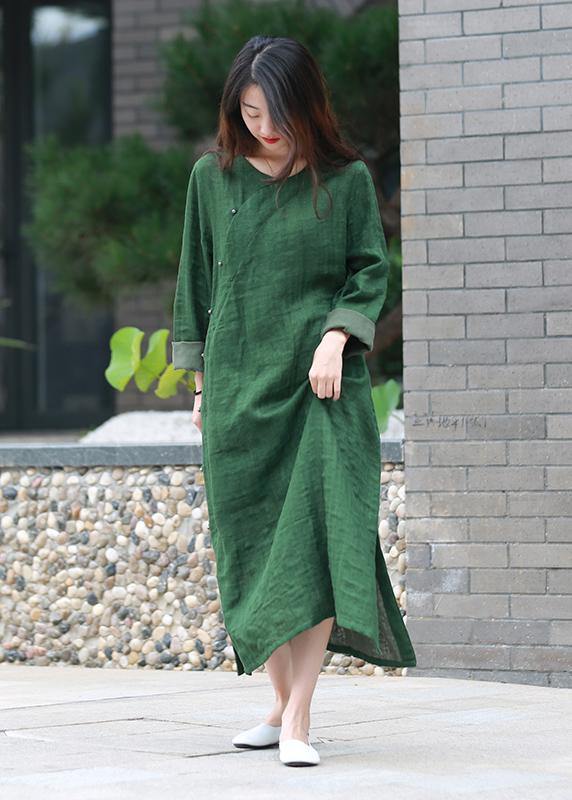 Modern green quilting clothes o neck side open Maxi Dresses - SooLinen