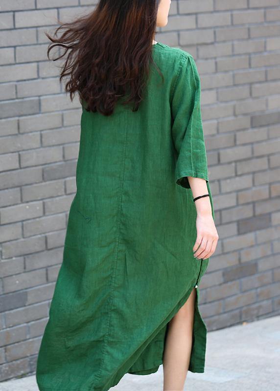 Modern green quilting clothes o neck side open Maxi Dresses - SooLinen