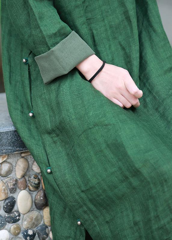 Modern green quilting clothes o neck side open Maxi Dresses - SooLinen