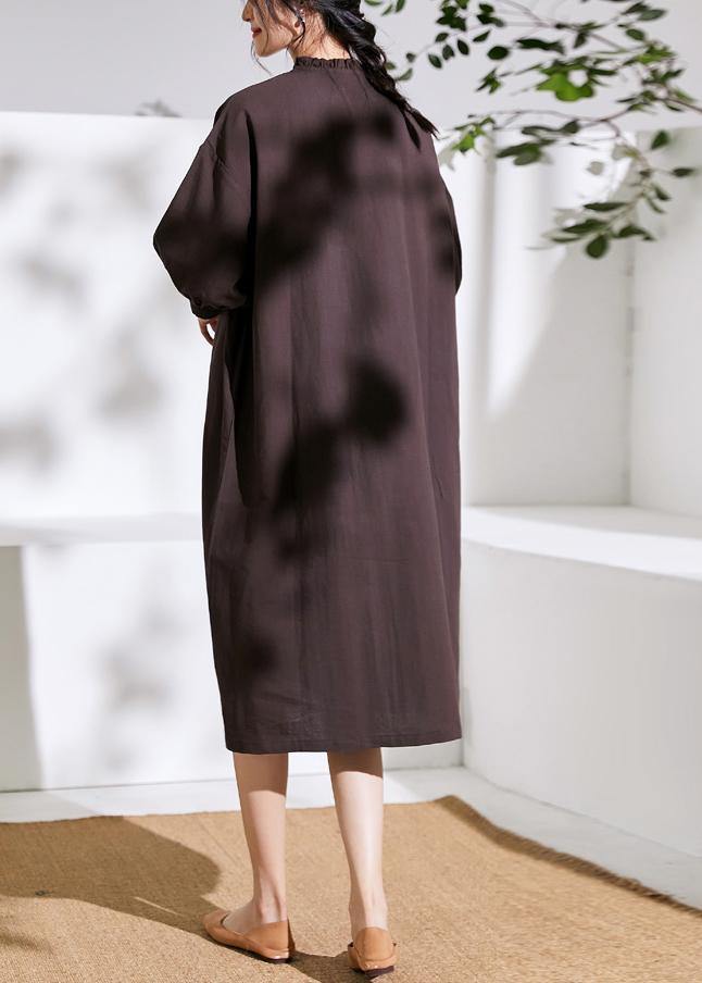 Modern half sleeve linen ruffles stand colalr dress Cotton brown Dress - SooLinen