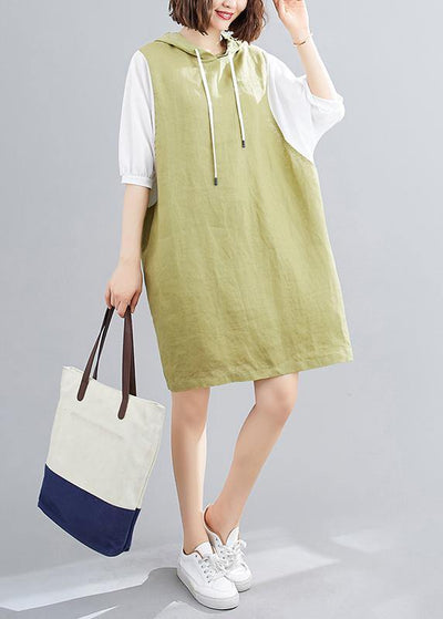 Modern hooded Batwing Sleeve linen cotton dress Sleeve green Dresses - SooLinen