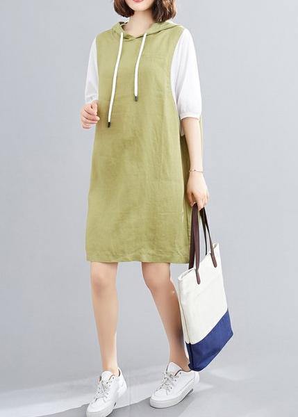 Modern hooded Batwing Sleeve linen cotton dress Sleeve green Dresses - SooLinen