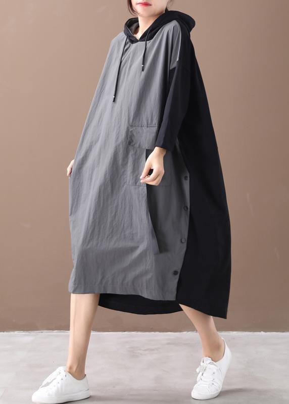 Modern hooded patchwork spring dress Work gray Maxi Dresses - SooLinen