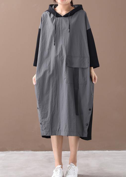 Modern hooded patchwork spring dress Work gray Maxi Dresses - SooLinen