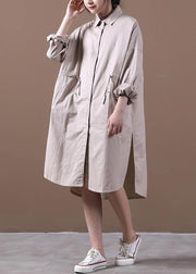 Modern khaki Robes lapel drawstring spring Dresses - SooLinen