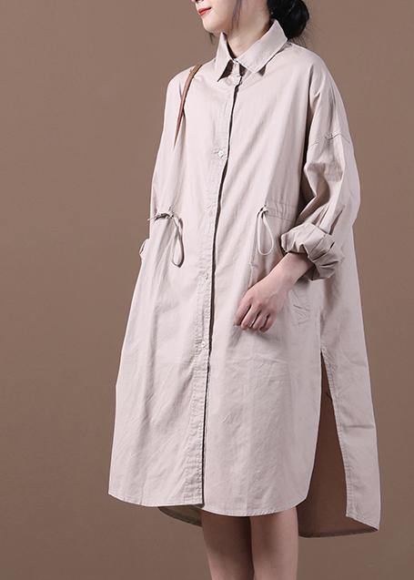 Modern khaki Robes lapel drawstring spring Dresses - SooLinen