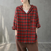 Modern lapel Button Down fall Tunic Christmas Gifts red plaid shirt - SooLinen