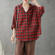 Modern lapel Button Down fall Tunic Christmas Gifts red plaid shirt - SooLinen