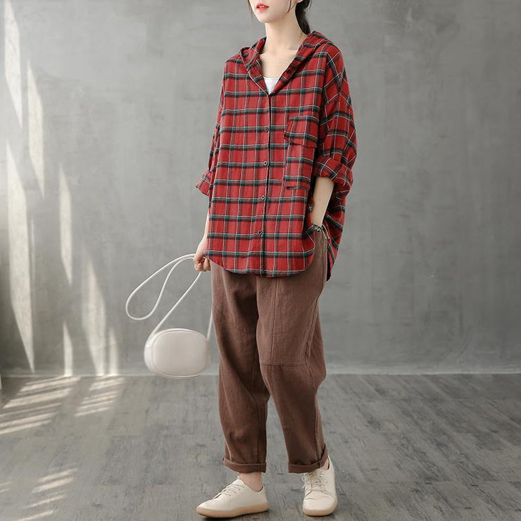 Modern lapel Button Down fall Tunic Christmas Gifts red plaid shirt - SooLinen