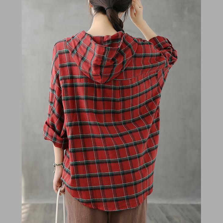 Modern lapel Button Down fall Tunic Christmas Gifts red plaid shirt - SooLinen