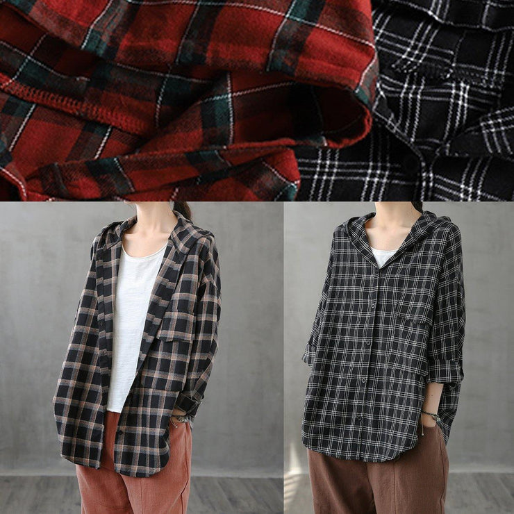 Modern lapel Button Down fall Tunic Christmas Gifts red plaid shirt - SooLinen