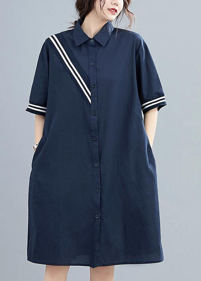 Modern lapel Cotton summer dresses Fashion Ideas navy Dress - SooLinen