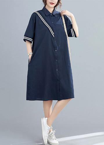 Modern lapel Cotton summer dresses Fashion Ideas navy Dress - SooLinen