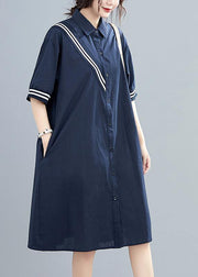 Modern lapel Cotton summer dresses Fashion Ideas navy Dress - SooLinen