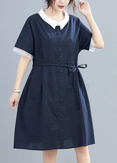 Modern lapel tie waist summer clothes For Women Neckline navy Dresses - SooLinen