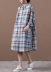 Modern lapel Cinched spring Long Shirts Work Outfits blue plaid Dresses - SooLinen