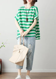 Modern o neck Batwing Sleeve cotton linen tops women blouses Christmas Gifts green striped blouses - SooLinen