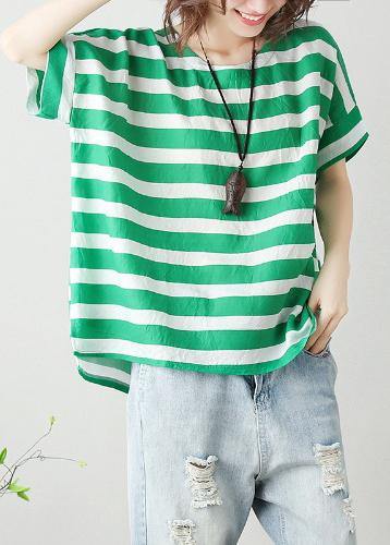 Modern o neck Batwing Sleeve cotton linen tops women blouses Christmas Gifts green striped blouses - SooLinen