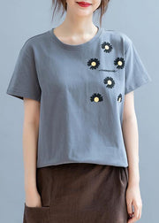 Modern o neck clothes For Women design gray daisy print shirt - SooLinen