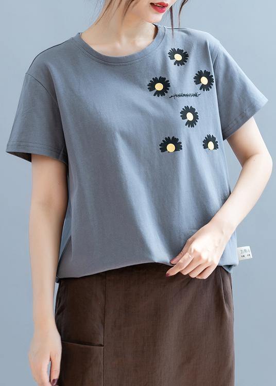 Modern o neck clothes For Women design gray daisy print shirt - SooLinen