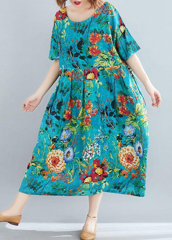 Modern o neck exra large hem linen cotton summer Robes Runway blue print Dresses - SooLinen