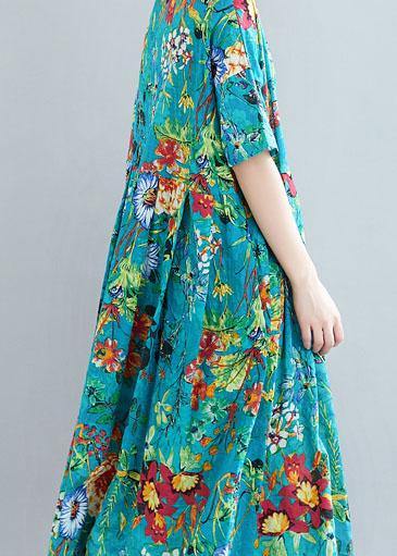 Modern o neck exra large hem linen cotton summer Robes Runway blue print Dresses - SooLinen