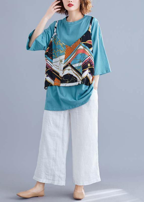 Modern o neck false two pieces cotton shirts women blue print summer - SooLinen