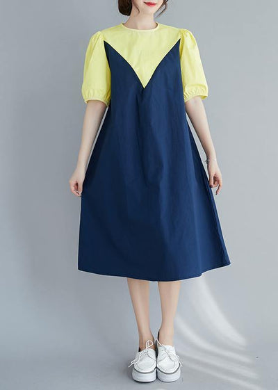 Modern o neck lantern sleeve Cotton summer yellow Dresses - SooLinen