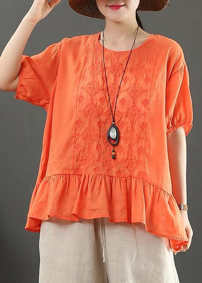 Modern o neck linen clothes Work Outfits orange embroidery top - SooLinen