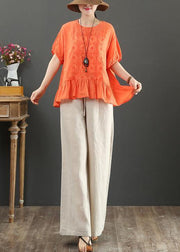 Modern o neck linen clothes Work Outfits orange embroidery top - SooLinen