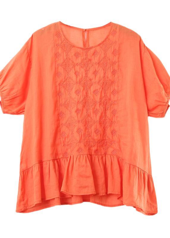 Modern o neck linen clothes Work Outfits orange embroidery top - SooLinen