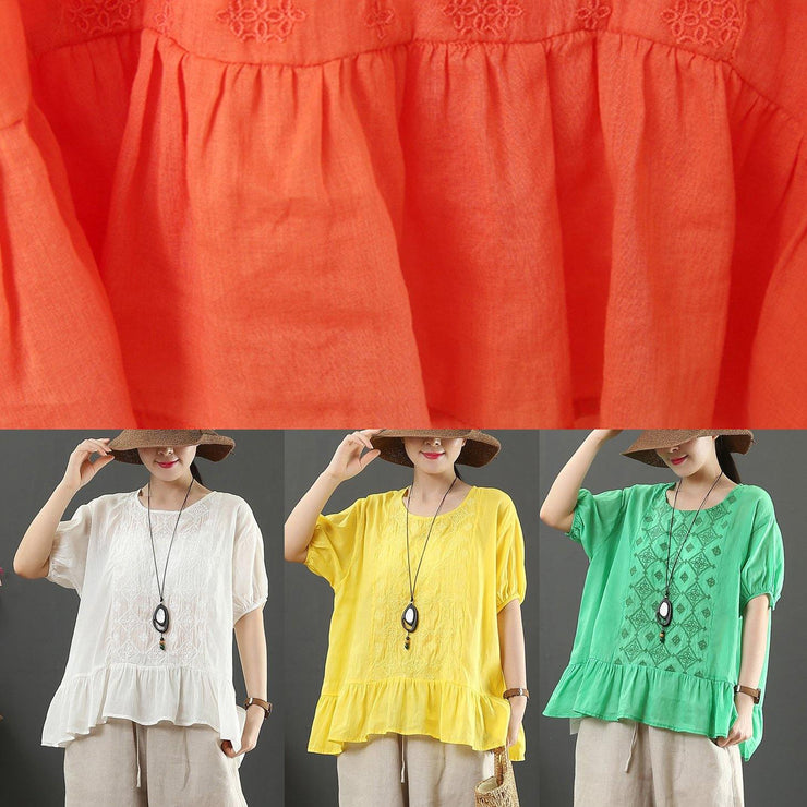 Modern o neck linen clothes Work Outfits orange embroidery top - SooLinen