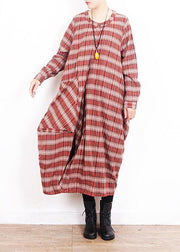 Modern o neck patchwork cotton quilting dresses Work red plaid Art Dress - SooLinen