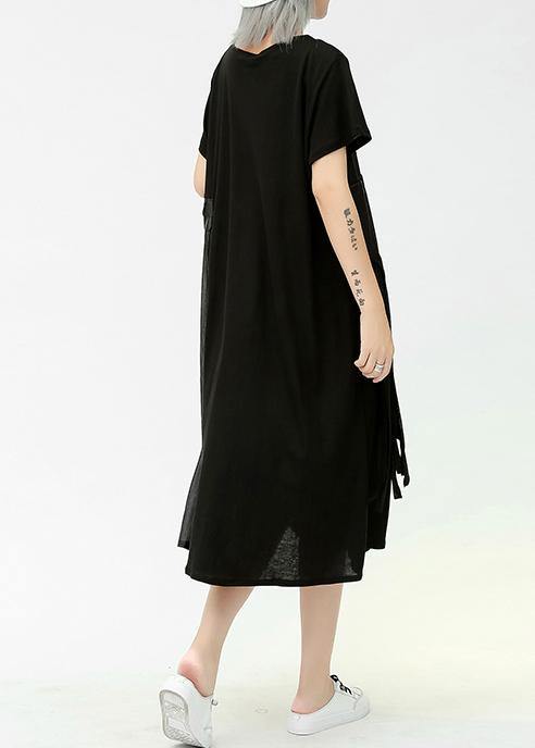 Modern o neck patchwork pockets cotton dresses black Dresses summer - SooLinen